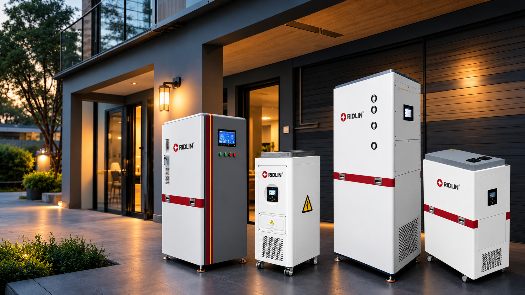 Ridlin energy storage units installed outside a modern home at dusk.